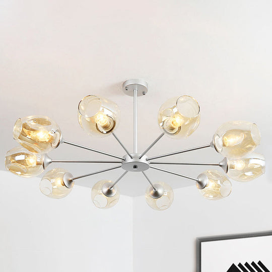Modern 10-Bulb Chandelier Pendant Light With Amber Glass Shade - Silver Cup Design