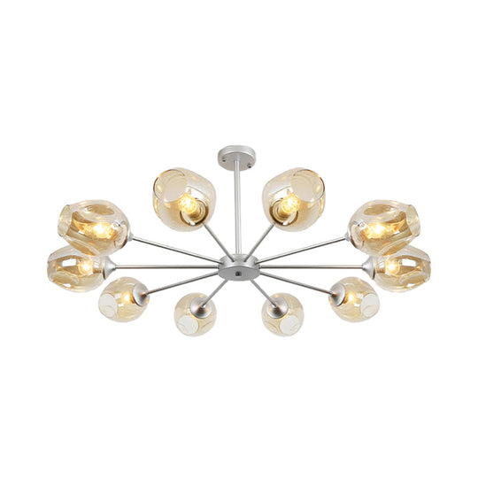 Modern 10-Bulb Chandelier Pendant Light With Amber Glass Shade - Silver Cup Design