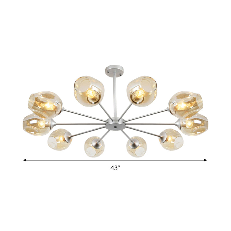 Modern 10-Bulb Chandelier Pendant Light With Amber Glass Shade - Silver Cup Design