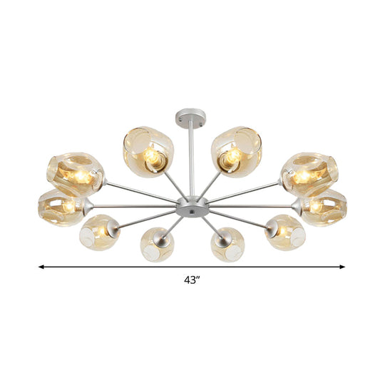Modern 10-Bulb Chandelier Pendant Light With Amber Glass Shade - Silver Cup Design
