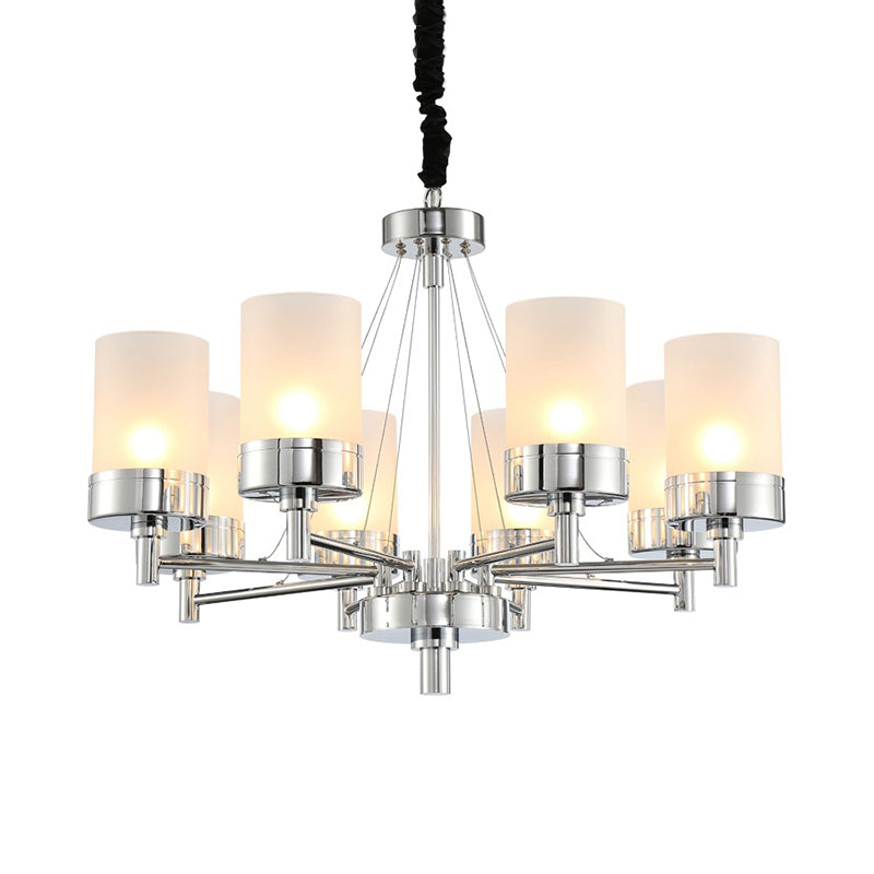 Frosted Glass Cylinder Chandelier - Modernist Pendant Light In Chrome With 8 Hanging Heads