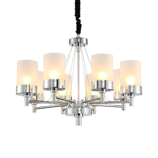 Frosted Glass Cylinder Chandelier - Modernist Pendant Light In Chrome With 8 Hanging Heads