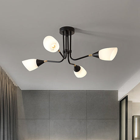 Modern 4/6/8 Bulbs Ceiling Chandelier - Black Flared Pendant Light With Milky Glass Shade 4 /