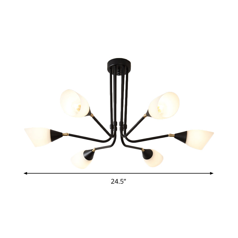 Modern 4/6/8 Bulbs Ceiling Chandelier - Black Flared Pendant Light With Milky Glass Shade