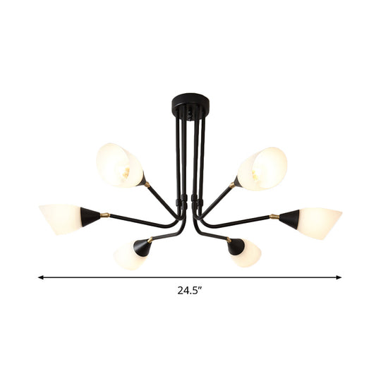 Modern 4/6/8 Bulbs Ceiling Chandelier - Black Flared Pendant Light With Milky Glass Shade