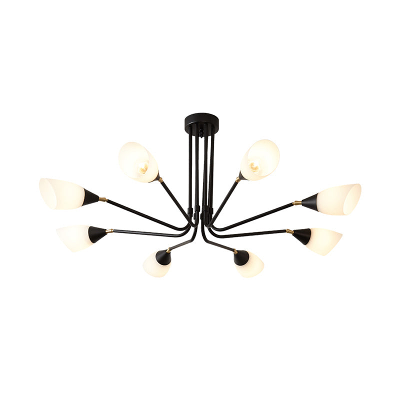 Modern 4/6/8 Bulbs Ceiling Chandelier - Black Flared Pendant Light With Milky Glass Shade
