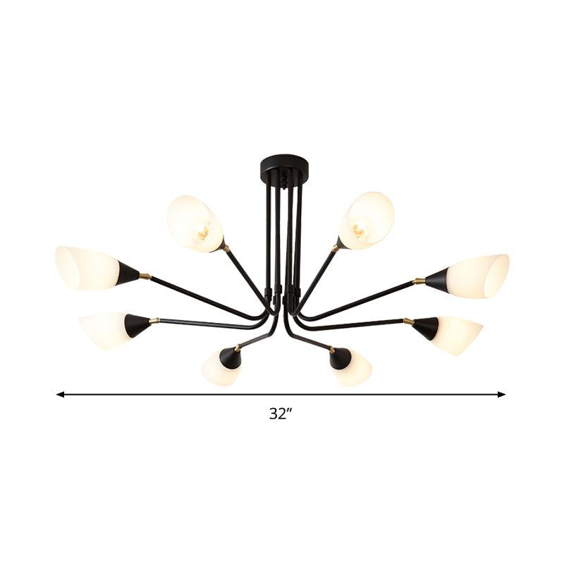 Modern 4/6/8 Bulbs Ceiling Chandelier - Black Flared Pendant Light With Milky Glass Shade