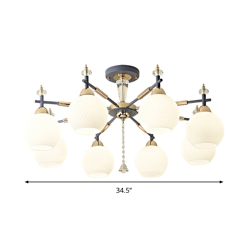 Modern Grey Pendant Chandelier With Milk Glass Shades - 8 Bulb Living Room Lighting Fixture