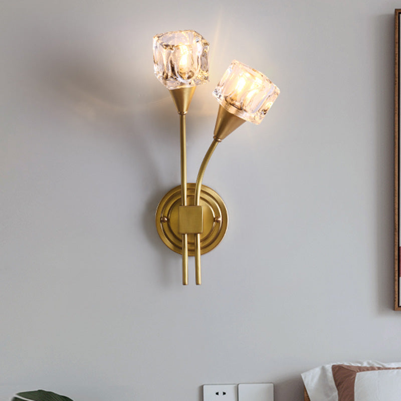 Contemporary Gold Cube Wall Sconce With Clear Crystal Led Lighting Perfect For Living Room