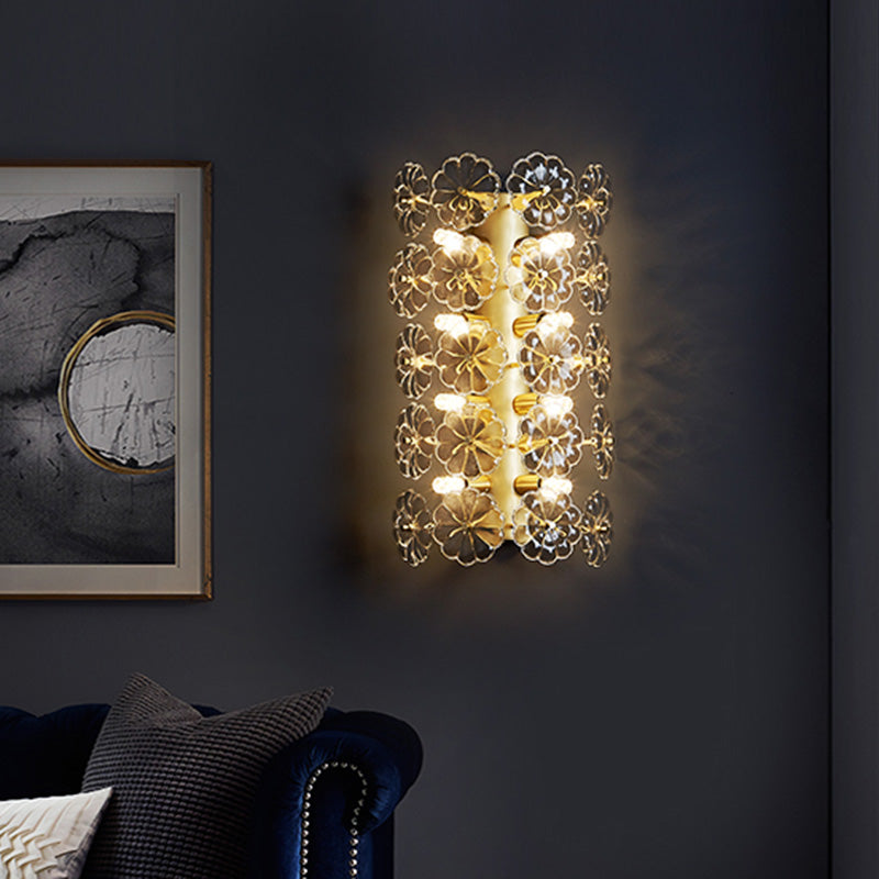 Minimalist Gold Floral Sconce Light With Crystal Shade - Wall Mount Lighting For Bedroom