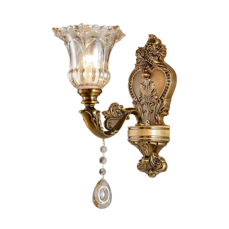 Vintage Floral Wall Sconce With Beveled Crystal Prism And Brass Finish