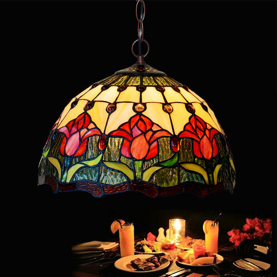 Tiffany Red/Green Cut Glass Chandelier Light - 1/2 Lights Suspended Lamp For Kitchen (12’/16’ W)
