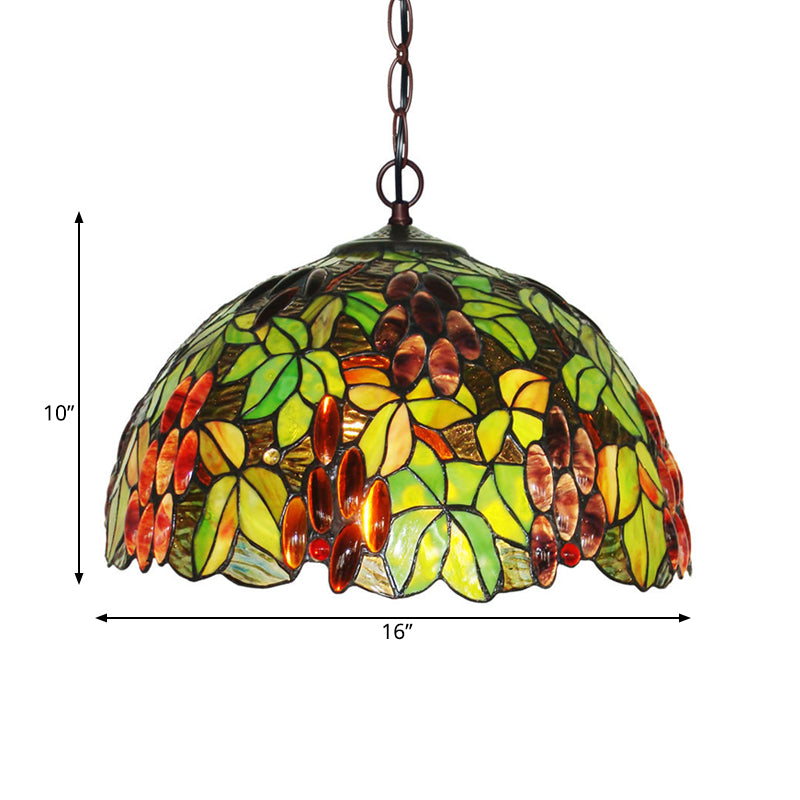 2-Light Domed Ceiling Chandelier With Stained Glass Tiffany Pendant Lighting In Red Green And Purple