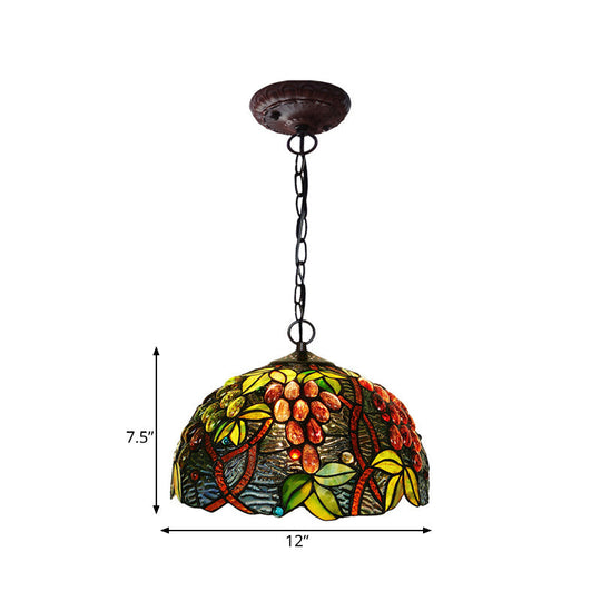 2-Light Domed Ceiling Chandelier With Stained Glass Tiffany Pendant Lighting In Red Green And Purple