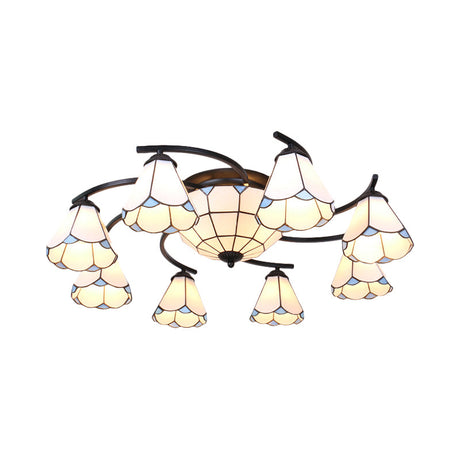 Dome/Conical Semi Flush Mount Mediterranean Ceiling Lamp - 11 Lights White/Blue Glass Ideal For