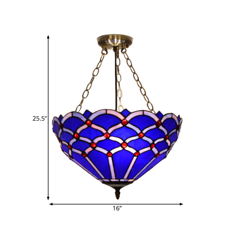 White/Blue Glass Baroque Ceiling Lamp - 3 - Light Semi Mount Lighting Bowl For Living Room