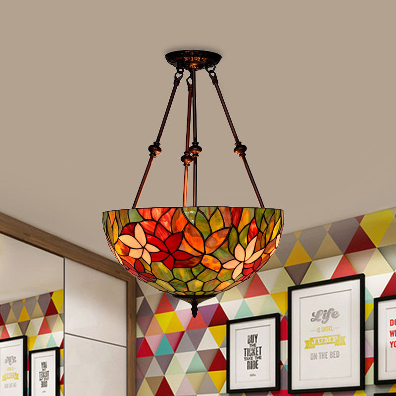 Victorian Stained Glass Ceiling Light With 3 Blossom Semi-Flush Mount Lights In Red/Orange/Green