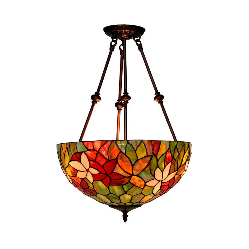 Victorian Stained Glass Ceiling Light With 3 Blossom Semi-Flush Mount Lights In Red/Orange/Green