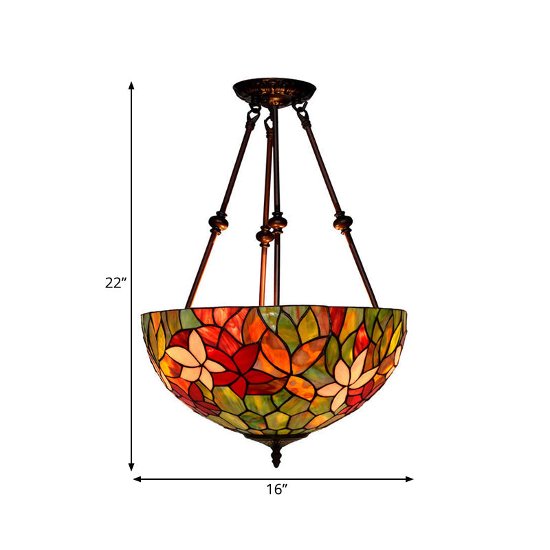 Victorian Stained Glass Ceiling Light With 3 Blossom Semi-Flush Mount Lights In Red/Orange/Green For