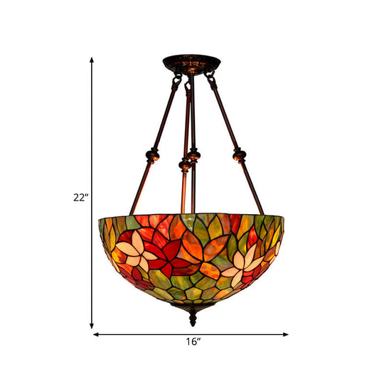 Victorian Stained Glass Ceiling Light With 3 Blossom Semi-Flush Mount Lights In Red/Orange/Green For