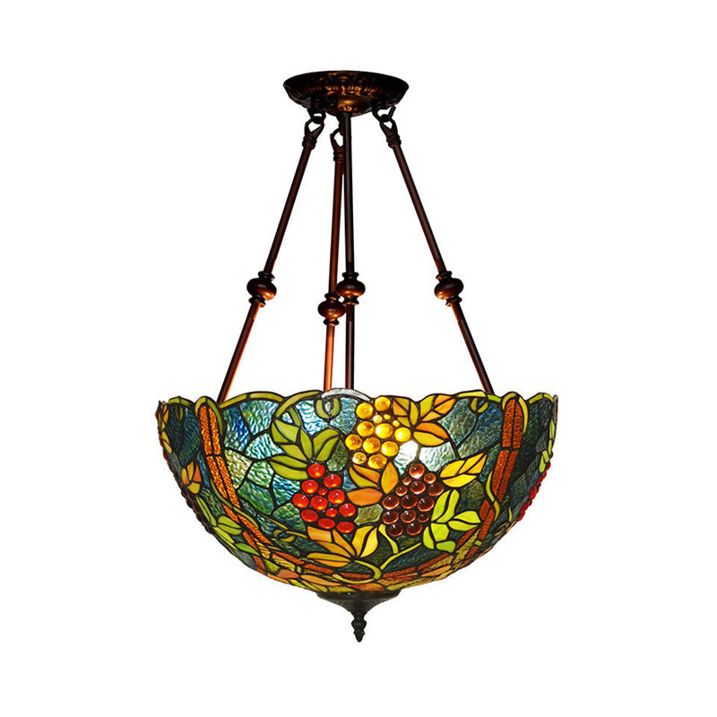 Victorian Stained Glass Ceiling Light With 3 Blossom Semi-Flush Mount Lights In Red/Orange/Green For