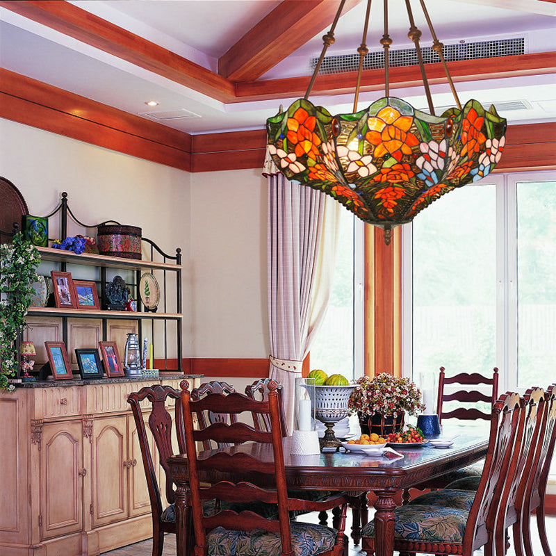 Victorian Stained Glass Ceiling Light With 3 Blossom Semi-Flush Mount Lights In Red/Orange/Green
