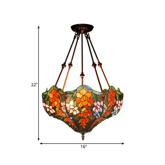 Victorian Stained Glass Ceiling Light With 3 Blossom Semi-Flush Mount Lights In Red/Orange/Green