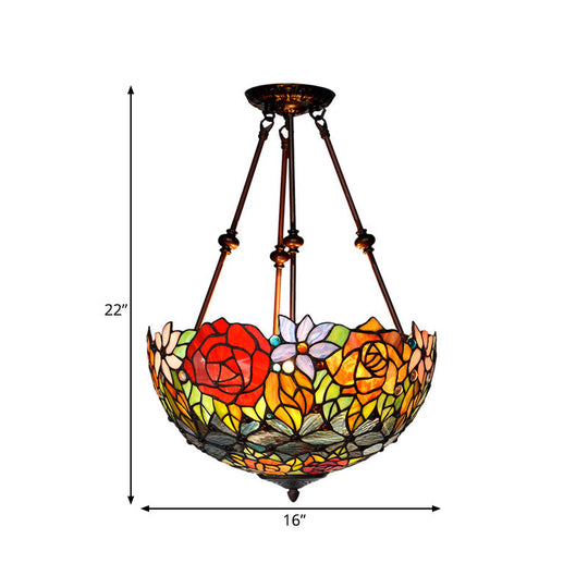 Victorian Bronze Ceiling Light Fixture With Stained Glass Dome Shade - 2-Light Semi Flush For