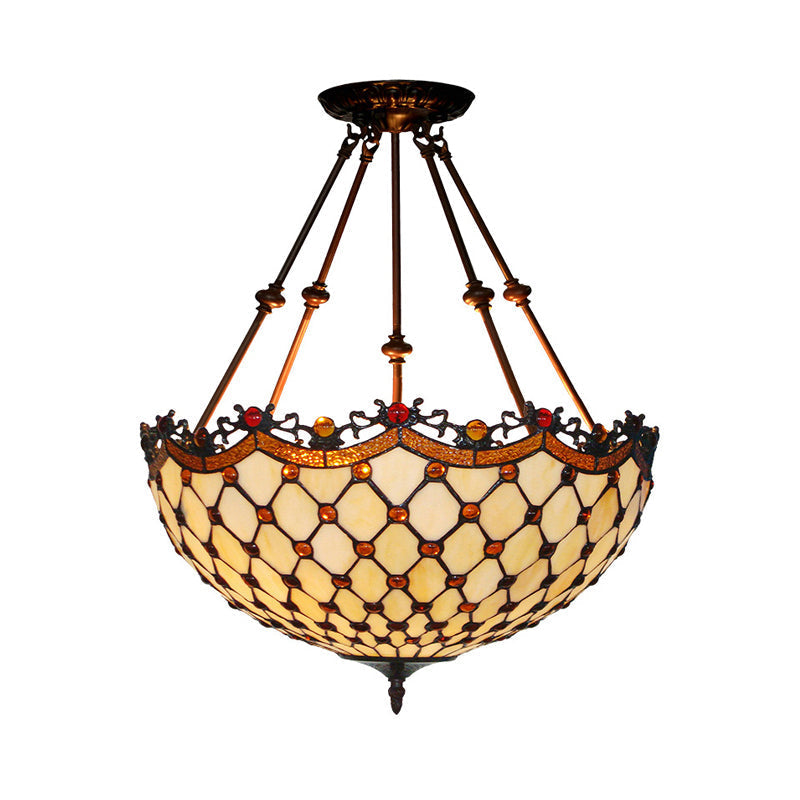 Beige Glass Semi Flush Tiffany Style Ceiling Mount With Beaded Accents - 16’/18’ Wide 2-Light
