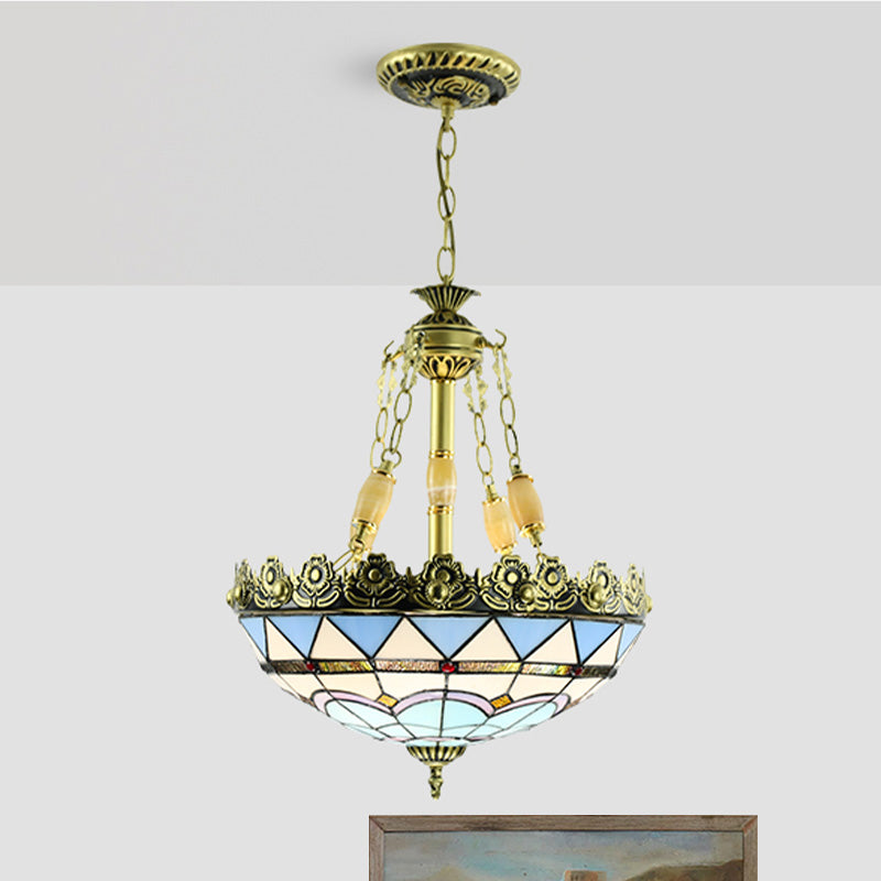Mediterranean Domed Stained Glass Chandelier: 3/4 Lights Yellow/Blue Kitchen Pendant Light Kit