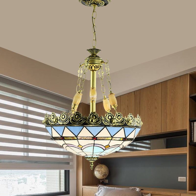 Mediterranean Stained Glass Chandelier - 3/4 Lights Yellow/Blue 12’/16’ W Kitchen Hanging Light Kit