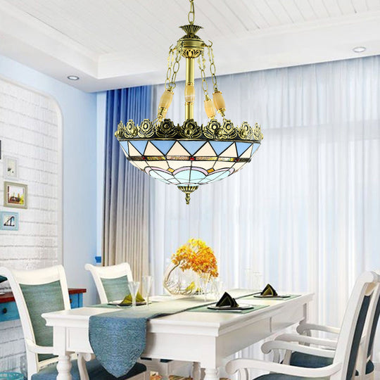 Mediterranean Stained Glass Chandelier - 3/4 Lights Yellow/Blue 12’/16’ W Kitchen Hanging Light Kit