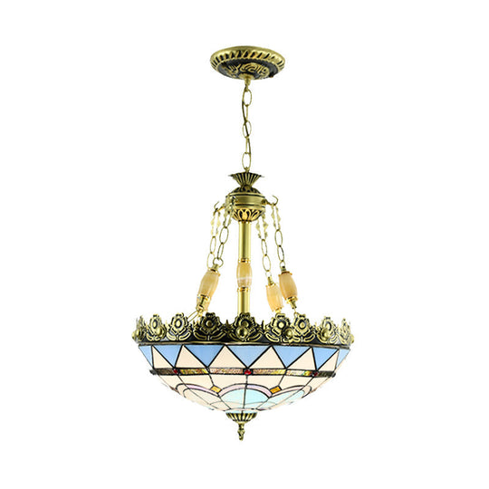 Mediterranean Stained Glass Chandelier - 3/4 Lights Yellow/Blue 12’/16’ W Kitchen Hanging Light Kit