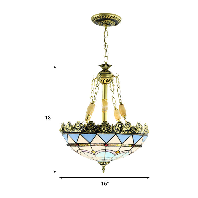 Mediterranean Domed Stained Glass Chandelier: 3/4 Lights Yellow/Blue Kitchen Pendant Light Kit