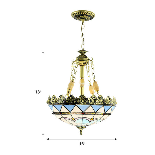 Mediterranean Domed Stained Glass Chandelier: 3/4 Lights Yellow/Blue Kitchen Pendant Light Kit