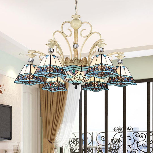 Baroque Stained Glass Pyramid Chandelier with 11 Blue Lights Elegant Ceiling Suspension Lamp Blue