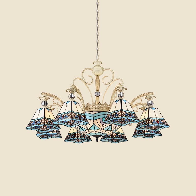 Blue Stained Glass Chandelier - 11-Light Pyramid Baroque Ceiling Lamp