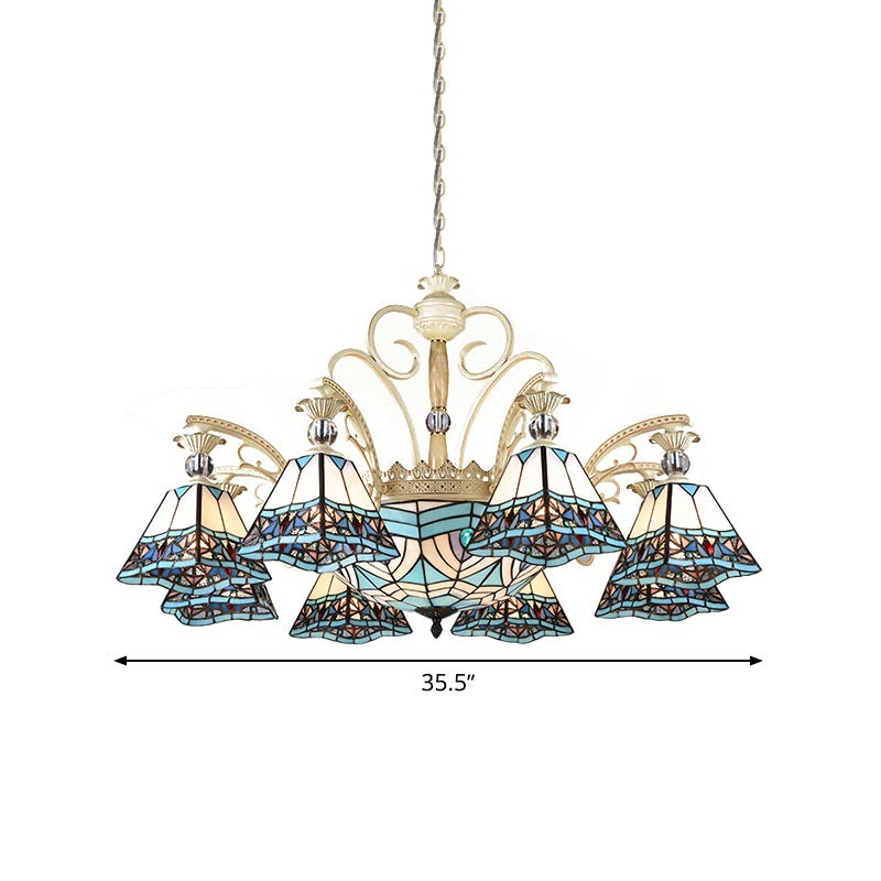 Blue Stained Glass Chandelier - 11-Light Pyramid Baroque Ceiling Lamp
