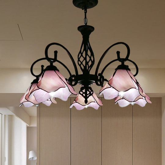 Tiffany Glass Petal Chandelier Light Fixture - 5/8 Lights With Black Ceiling Pendant For Bedroom In