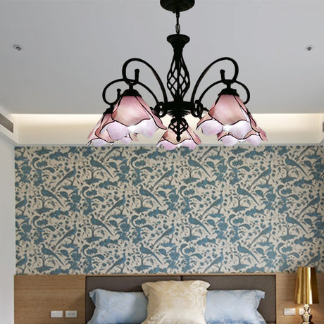 Tiffany Glass Petal Chandelier Light Fixture - 5/8 Lights With Black Ceiling Pendant For Bedroom In