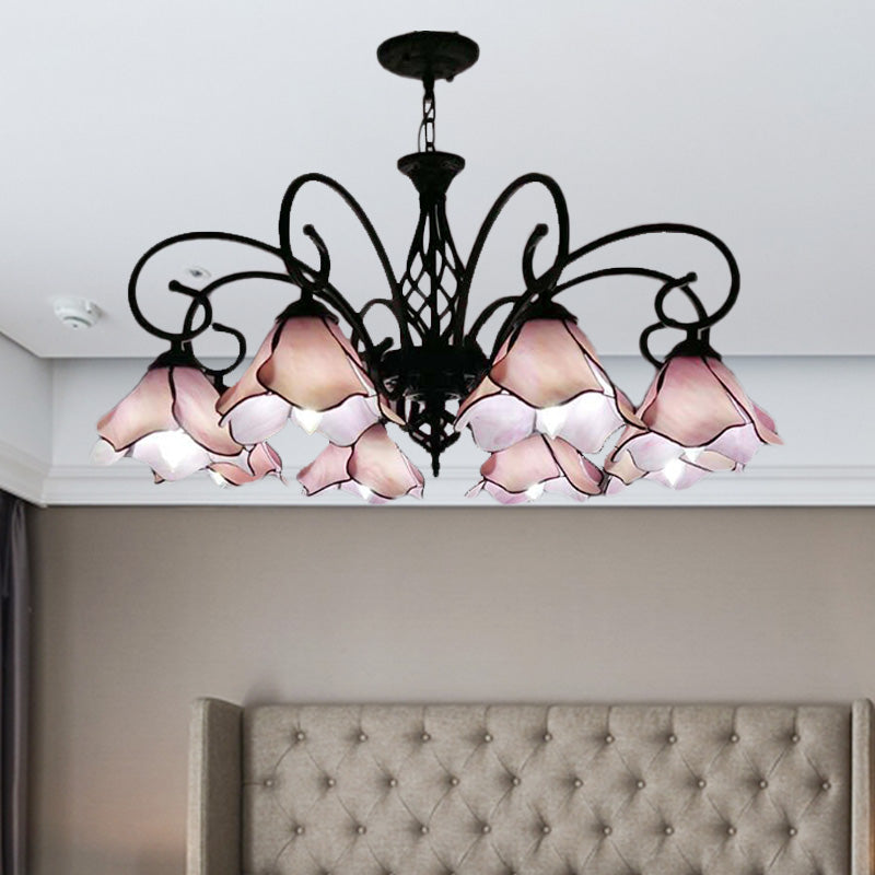 Tiffany Glass Petal Chandelier Light Fixture - 5/8 Lights With Black Ceiling Pendant For Bedroom In