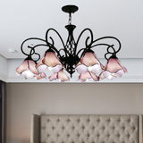 Tiffany Glass Petal Chandelier Light Fixture - 5/8 Lights With Black Ceiling Pendant For Bedroom In
