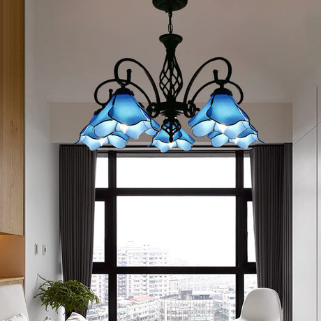 Tiffany Glass Petal Chandelier Light Fixture - 5/8 Lights With Black Ceiling Pendant For Bedroom In