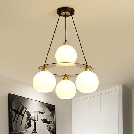 Modern 4-Head Chandelier Light: Black & Gold Spherical Ceiling Lamp With Opal Glass Shade Black-Gold