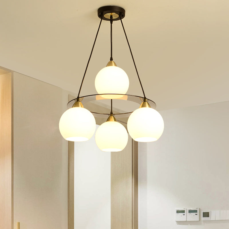 Contemporary 4-Head Black And Gold Chandelier Light With Opal Glass Shade