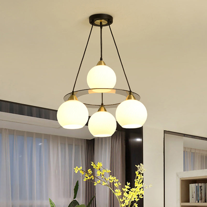 Modern 4-Head Chandelier Light: Black & Gold Spherical Ceiling Lamp With Opal Glass Shade