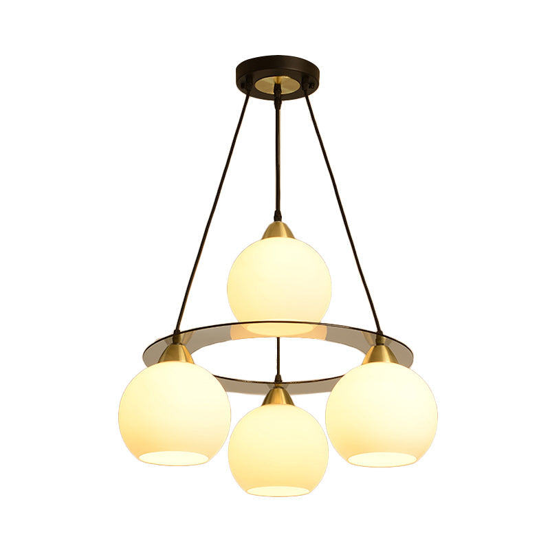 Modern 4-Head Chandelier Light: Black & Gold Spherical Ceiling Lamp With Opal Glass Shade