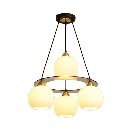 Modern 4-Head Chandelier Light: Black & Gold Spherical Ceiling Lamp With Opal Glass Shade