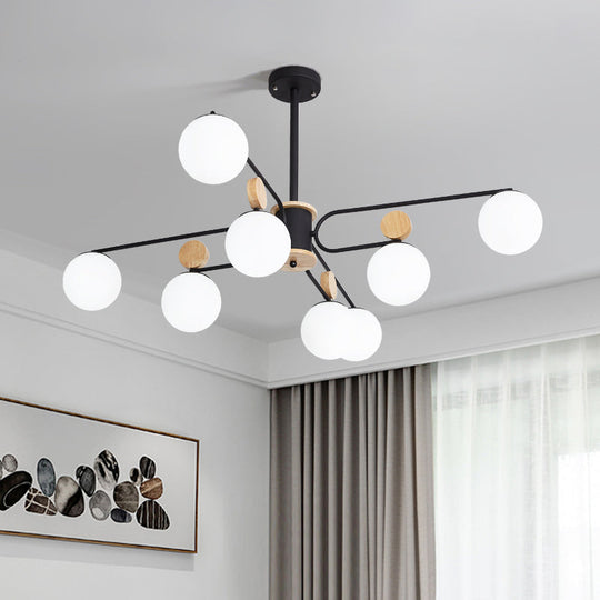 Modernist Milk Glass Round Pendant Chandelier In Black - Ceiling Light With 6/8 Hanging Heads