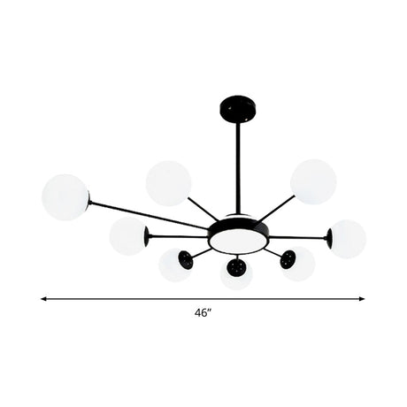 Modern White Glass Round Chandelier With 8 Black Pendant Lights